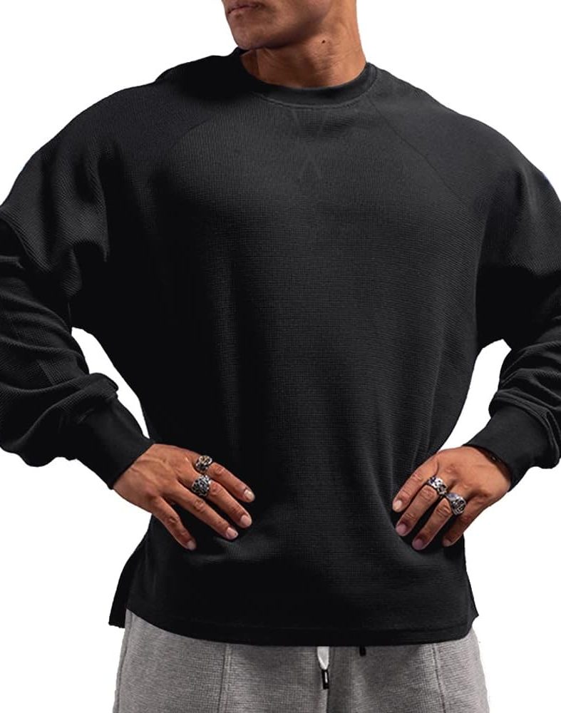 Men's Basic Long Sleeve Waffle Sweatshirt Loose Fit Workout Pullover