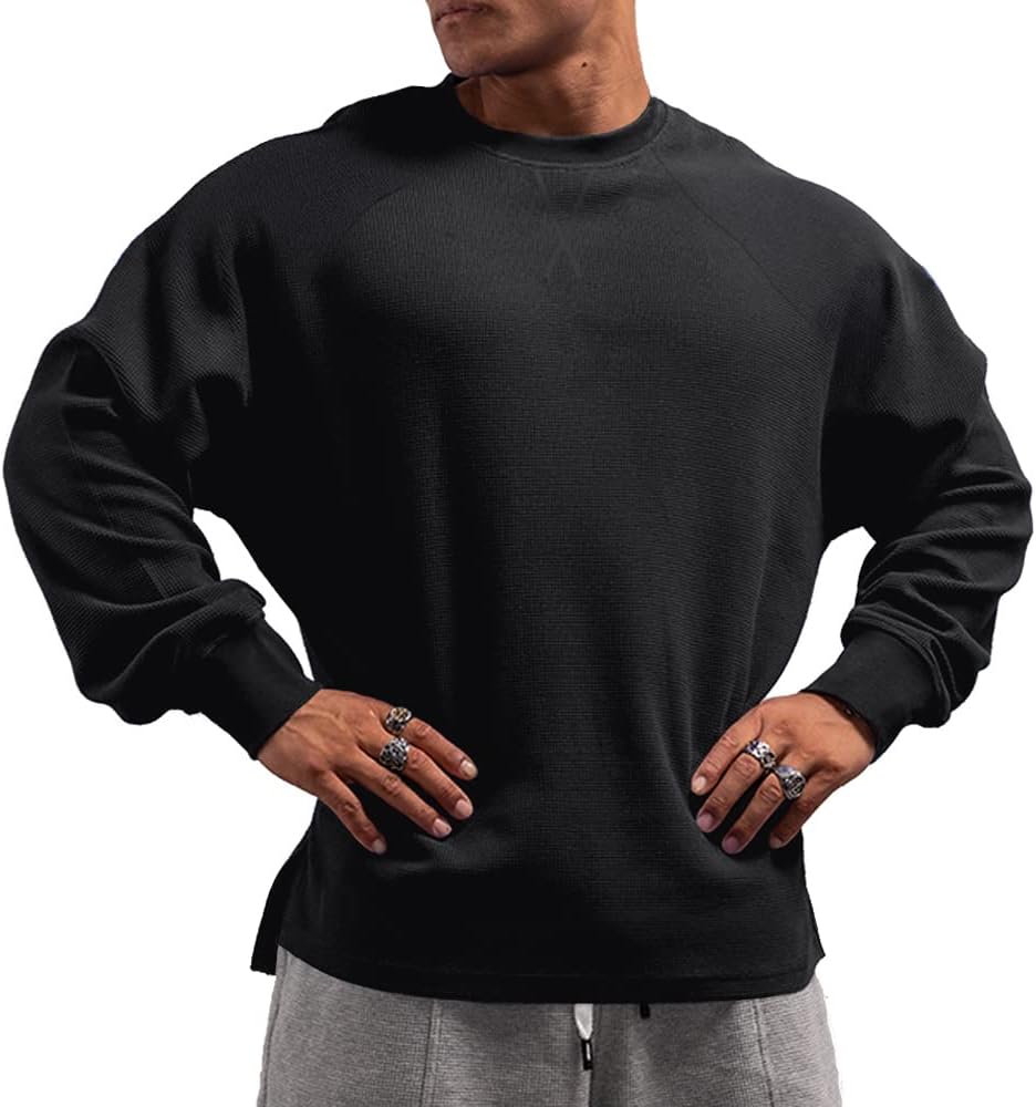Men's Basic Long Sleeve Waffle Sweatshirt Loose Fit Workout Pullover