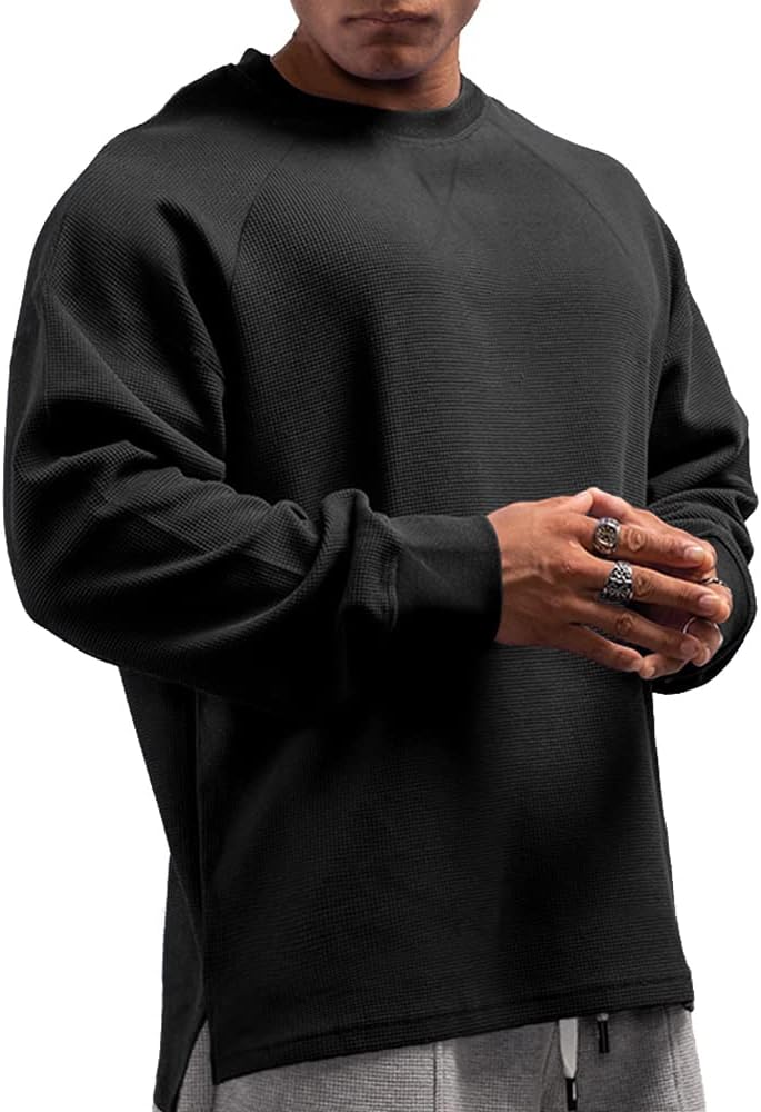 Men's Basic Long Sleeve Waffle Sweatshirt Loose Fit Workout Pullover - Image 2